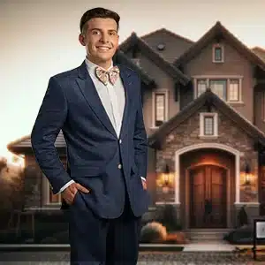 Real Estate Agent in front of AI generated home.