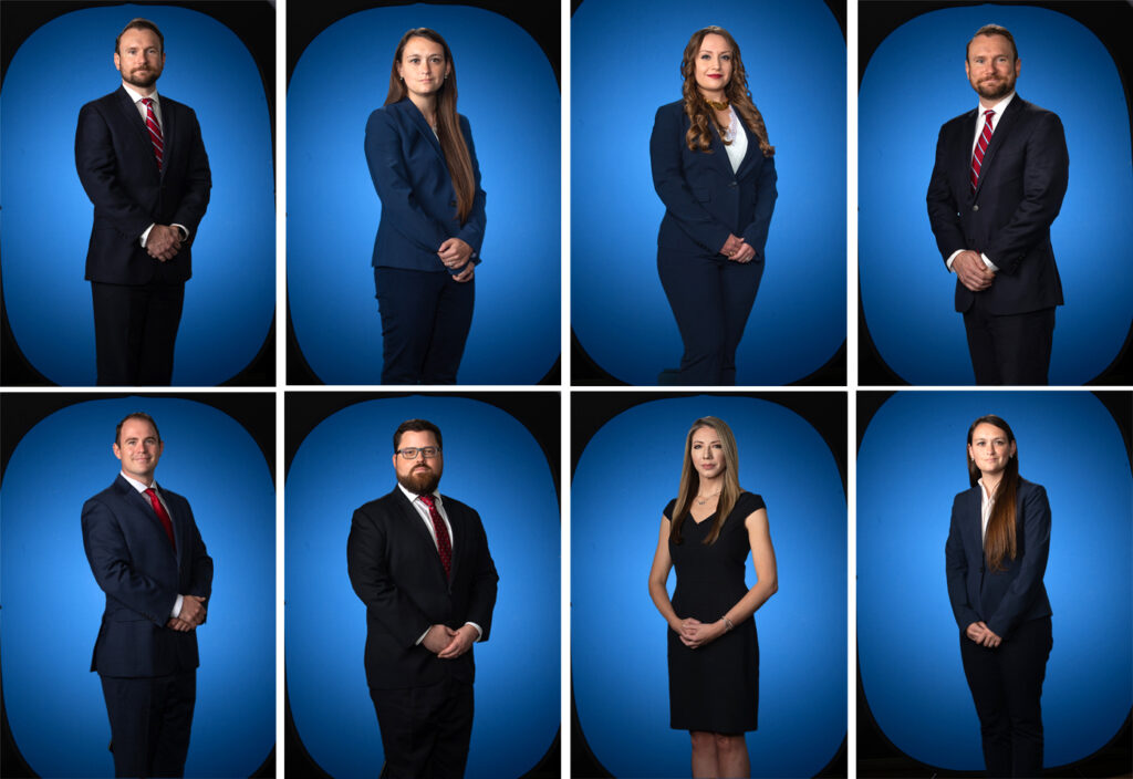 Grid of individual full-length business portraits photographed on a blue background for an adaptive team composite.