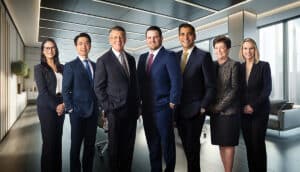 Merrill Lynch wealth management team composite portrait created in Houston, Texas. Each executive photographed individually in a studio setup on location, compiled in Photoshop with an AI-generated background for a polished corporate image. Photographed by Solaris Studios.