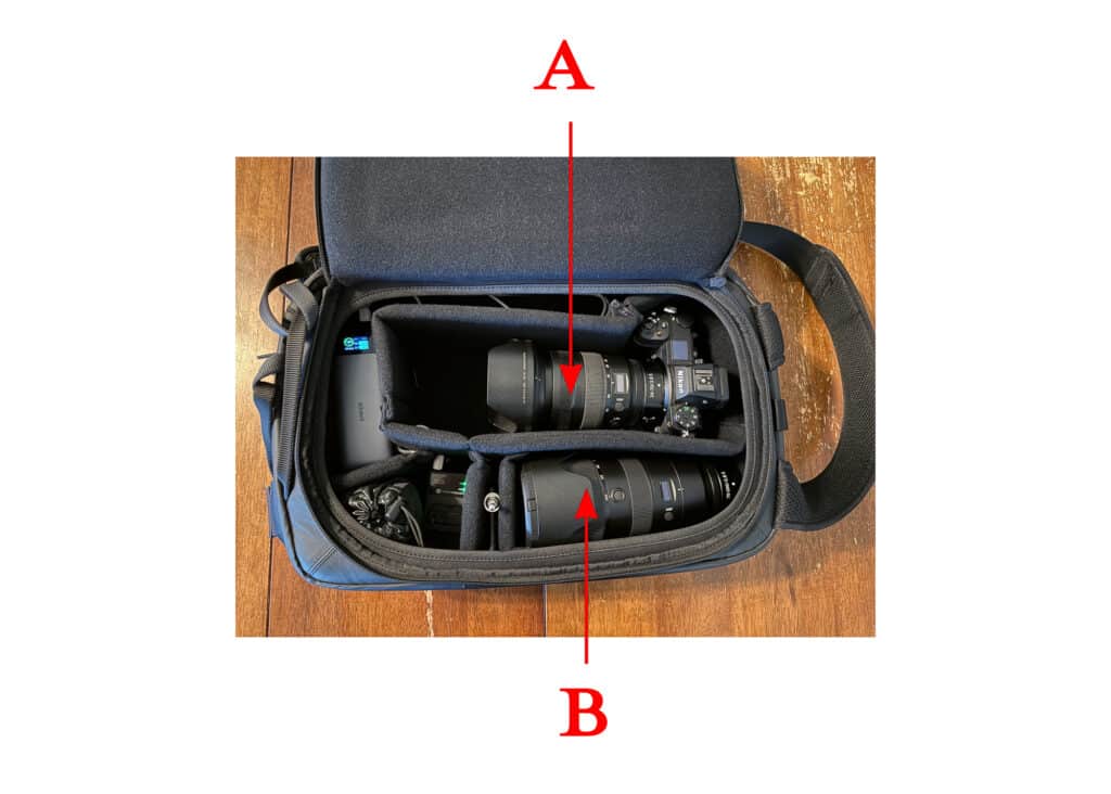 Top-down view of a Bevis Gear camera bag showing a reconfigured lens layout. The Nikon Z7 II now has the 24–70mm f/2.8 lens mounted (A), while the 70–200mm f/2.8 lens (B) has been moved to the lower compartment with its hood inverted. The dividers have been adjusted to accommodate the swap.