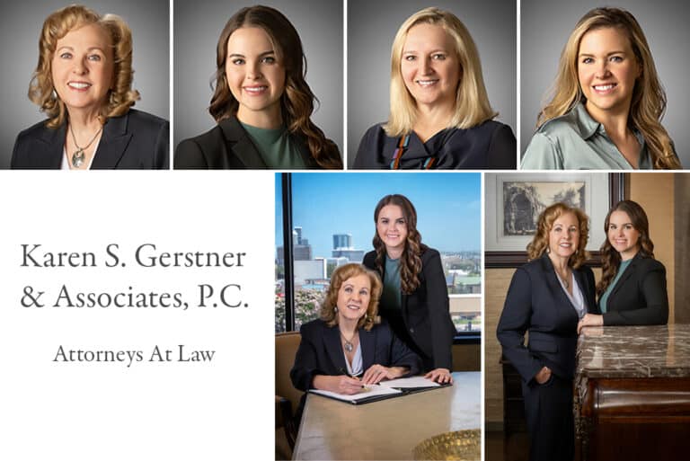 Collage of attorney headshots and office portraits, including two women in business attire and the Karen S. Gerstner & Associates, P.C. law firm branding.