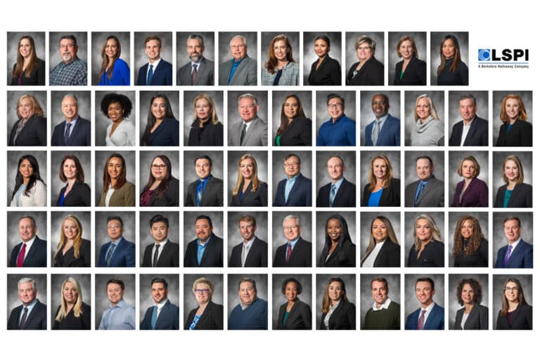Large grid of over 50 professional headshots photographed in a consistent style, with a company logo in the corner.