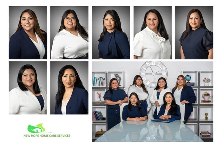 Collage of professional headshots of women in business attire and a team group portrait in an office setting, with the New Hope Home Care Services logo.