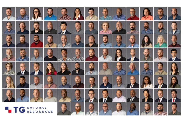 Large grid of over 80 employee headshots photographed in a consistent style, with the TG Natural Resources logo.