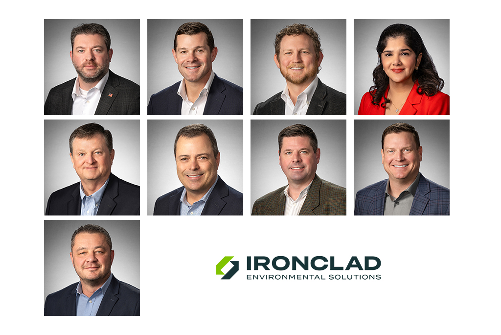 Corporate executive headshot composite for Ironclad Environmental Solutions featuring leadership team portraits photographed with neutral gray studio backgrounds and professional lighting