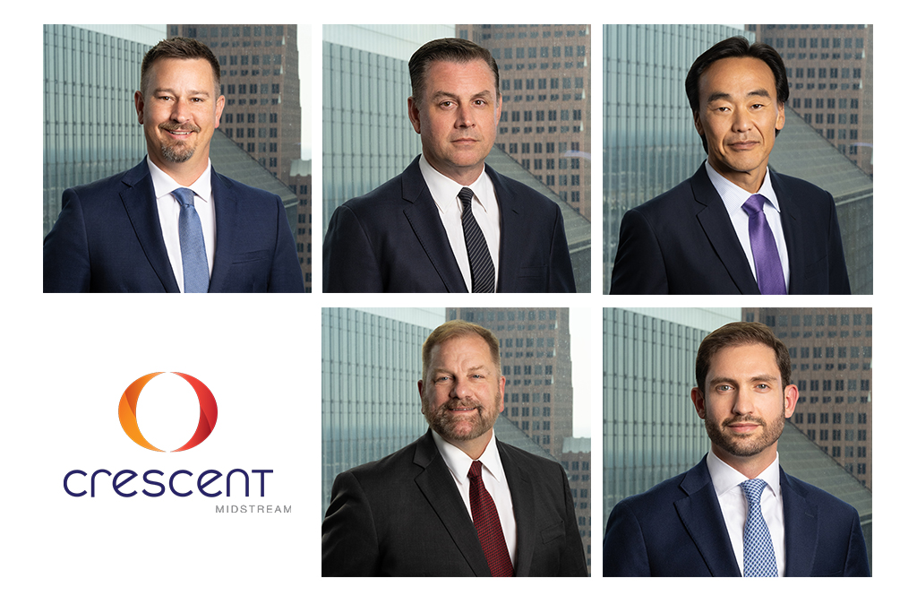 Corporate executive headshots for Crescent Midstream leadership team photographed in a modern office environment with city skyline background for corporate branding and executive profiles