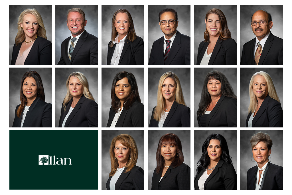 Corporate employee headshot composite for Ilan company featuring professional staff portraits photographed with gray textured studio backgrounds and consistent lighting for business directory profiles