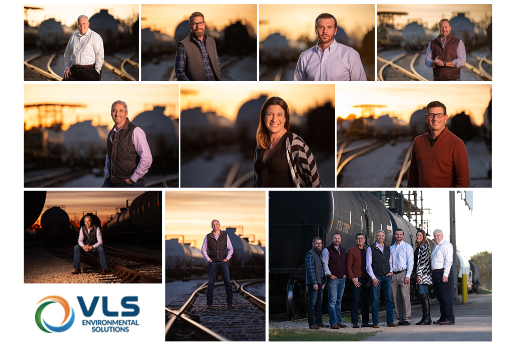 Environmental industry executive portraits photographed outdoors at a rail yard during sunset featuring VLS Environmental Solutions leadership team with rail tank cars and industrial background