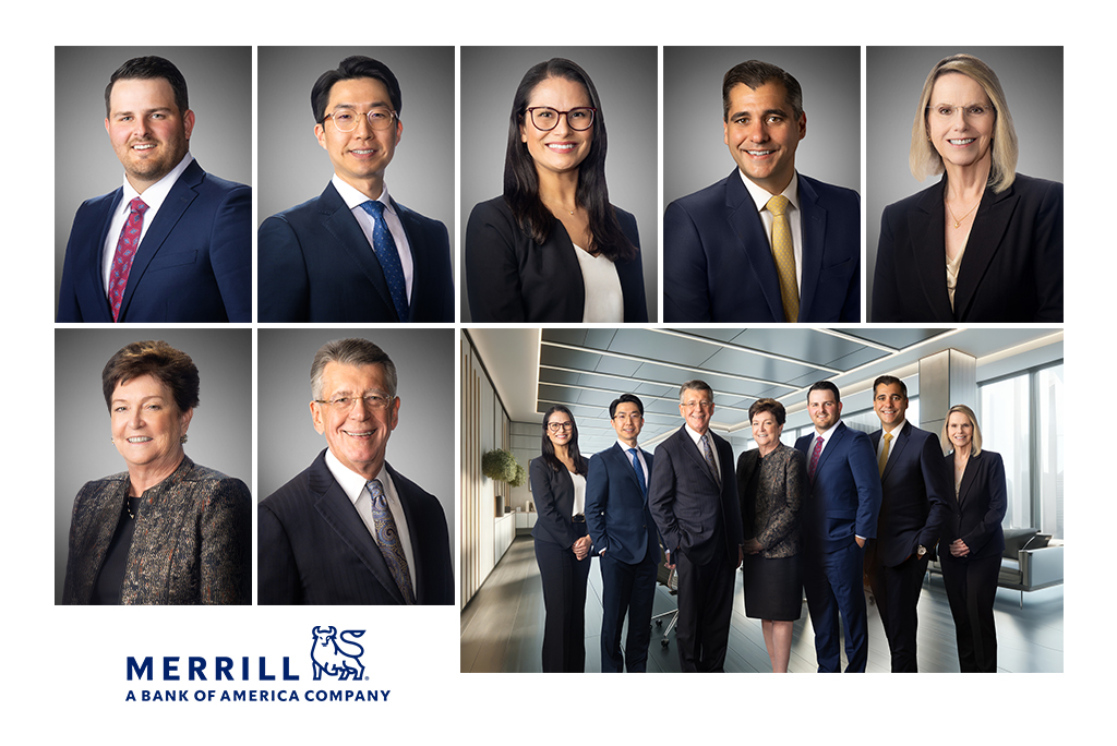 Financial services executive headshots and leadership team portrait for Merrill featuring professional studio portraits and corporate group photo in modern office environment