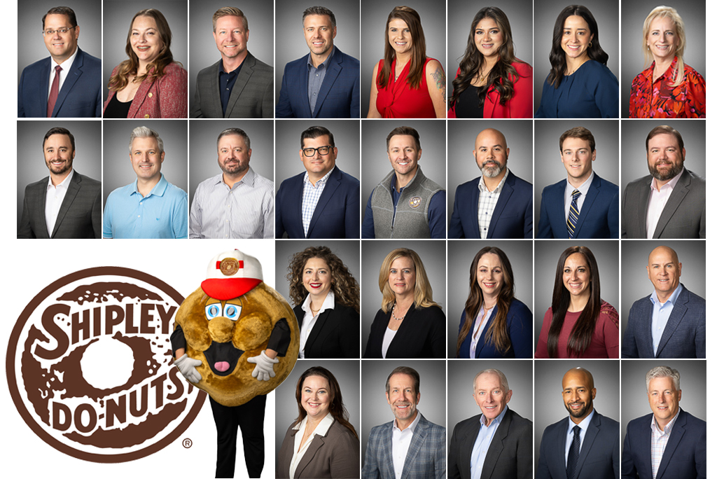 Corporate team headshot collage featuring Shipley Do-Nuts employees and branded mascot photographed with consistent gray studio background and professional lighting for company staff directory and corporate branding