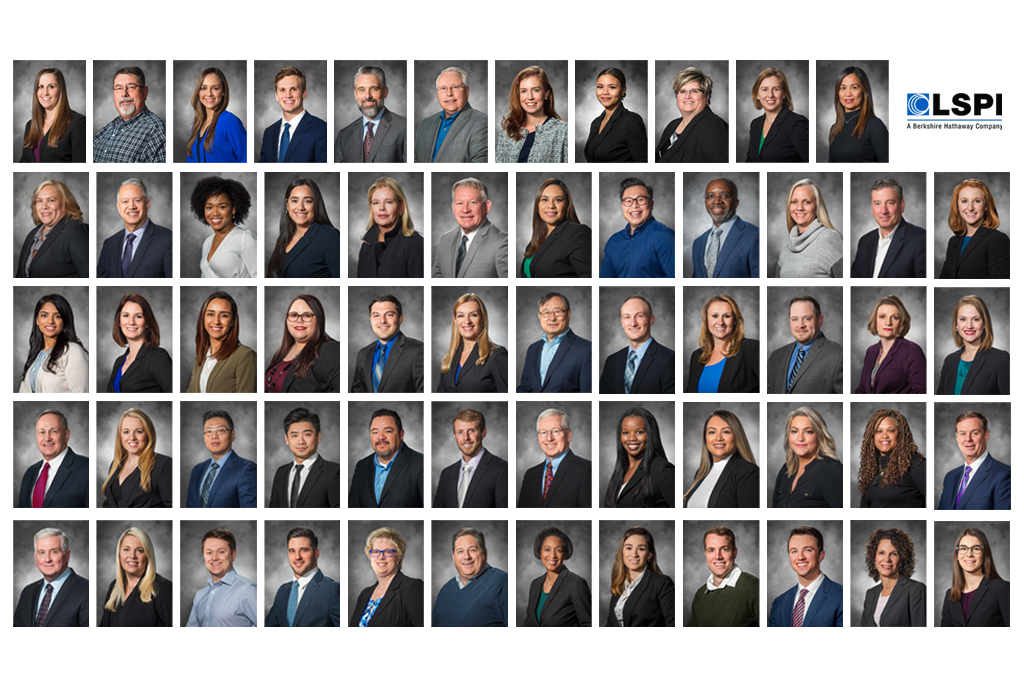 Corporate employee headshot composite for LSPI featuring professional staff portraits photographed with gray studio backgrounds and consistent lighting for company directory and corporate branding