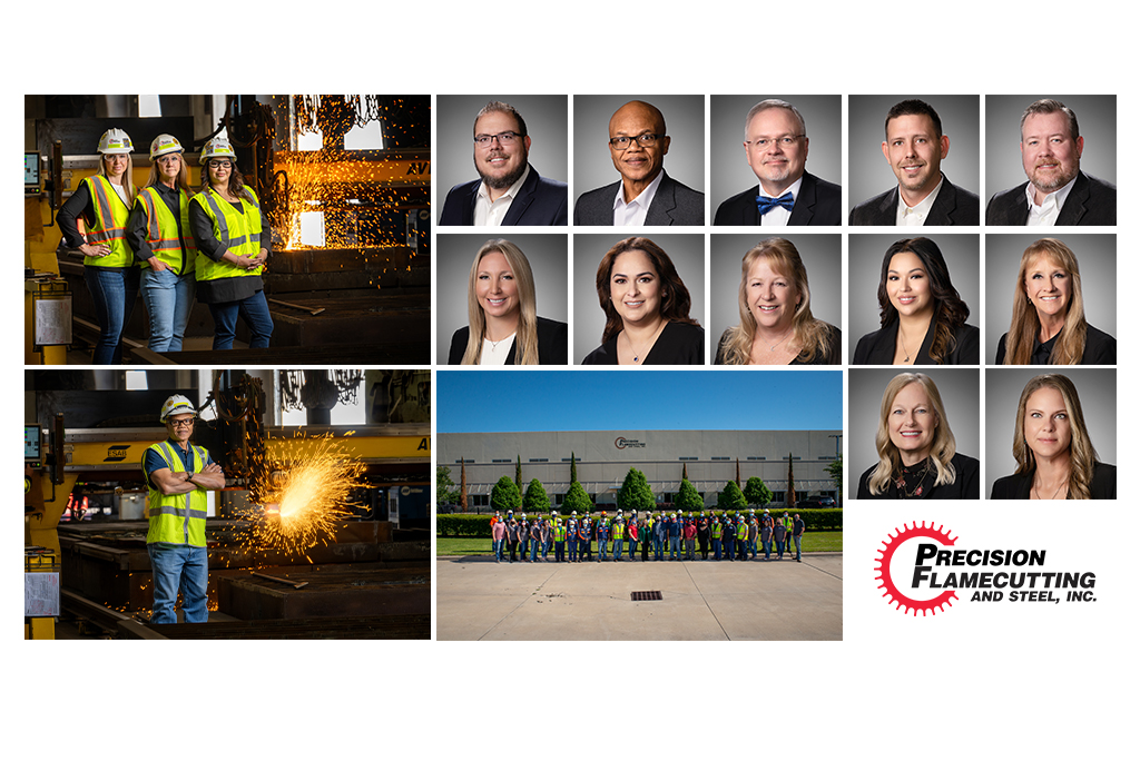 Corporate staff headshots and industrial team portraits for Precision Flamecutting and Steel featuring employee studio portraits, factory workers in safety gear, and company team photo at manufacturing facility
