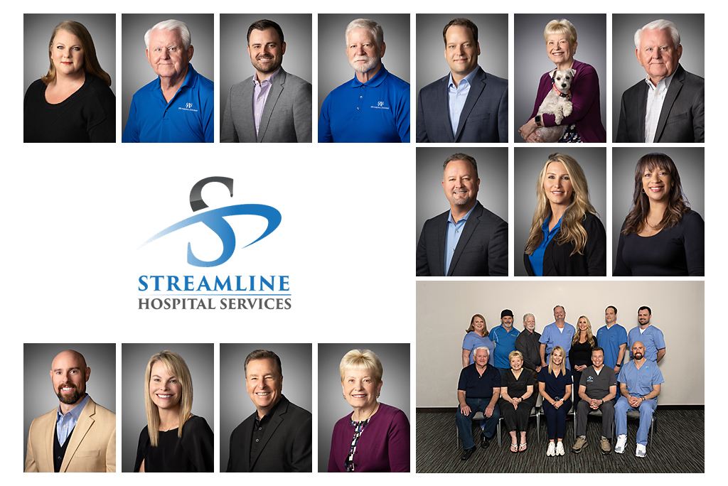 Corporate team headshot collage of Streamline Hospital Services staff photographed with consistent gray studio background and professional lighting alongside group team portrait for healthcare company branding