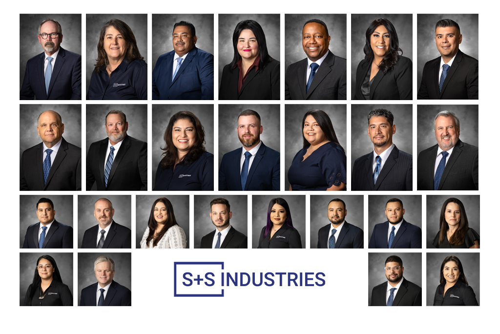 Corporate employee headshot collage for S+S Industries featuring professional staff portraits photographed with gray textured studio backgrounds and consistent lighting for company directory