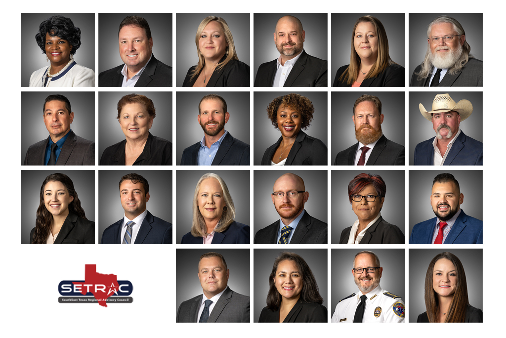 Corporate staff headshot collage for SETRAC Southeast Texas Regional Advisory Council featuring professional employee portraits photographed with gray studio backgrounds and consistent lighting