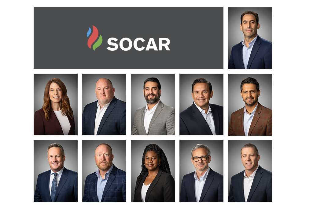 Corporate team headshot collage of SOCAR executives photographed with consistent gray studio background and professional lighting for company leadership profiles and corporate branding