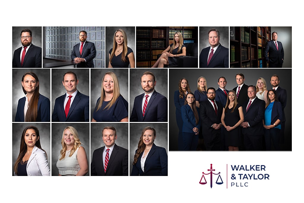 Collage of professional law firm portraits featuring headshots, bespoke attorney portraits, and an adaptive team composite for Walker & Taylor PLLC