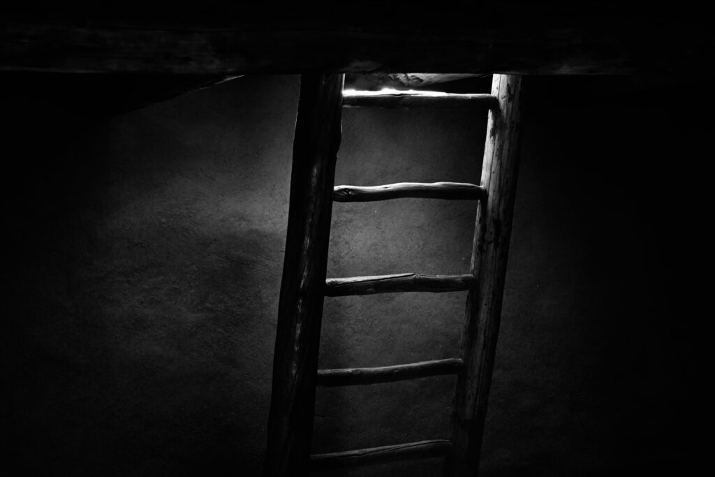 black and white photo of a old wooden ladder underground